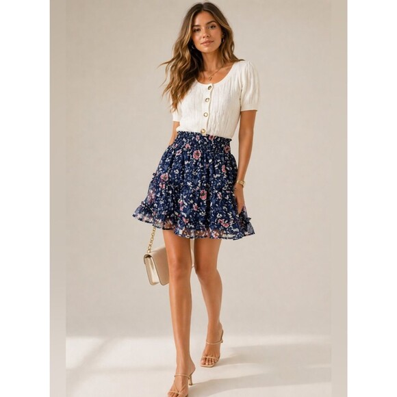 Vineyard Vines Dresses & Skirts - Vineyard Vines Navy Feminine Floral Smocked Waist Tiered Mini Skirt Sz M Preppy